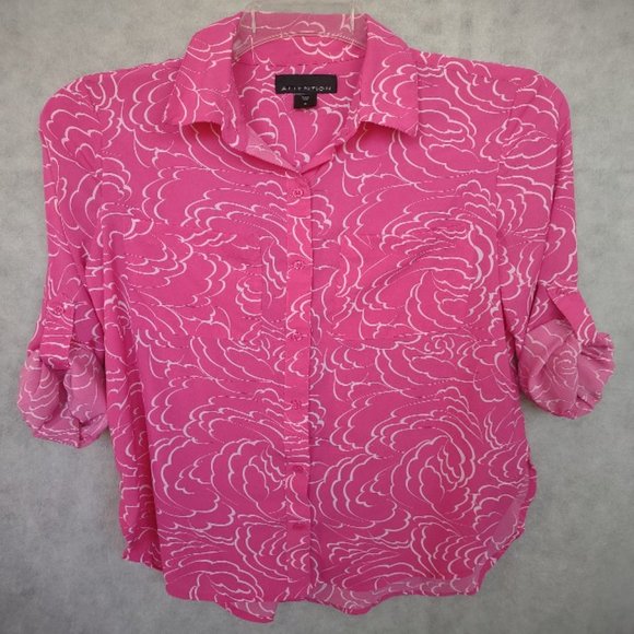 Attention Button Down Blouse Pink White Size Medium Long Sleeve EUC - Picture 1 of 11